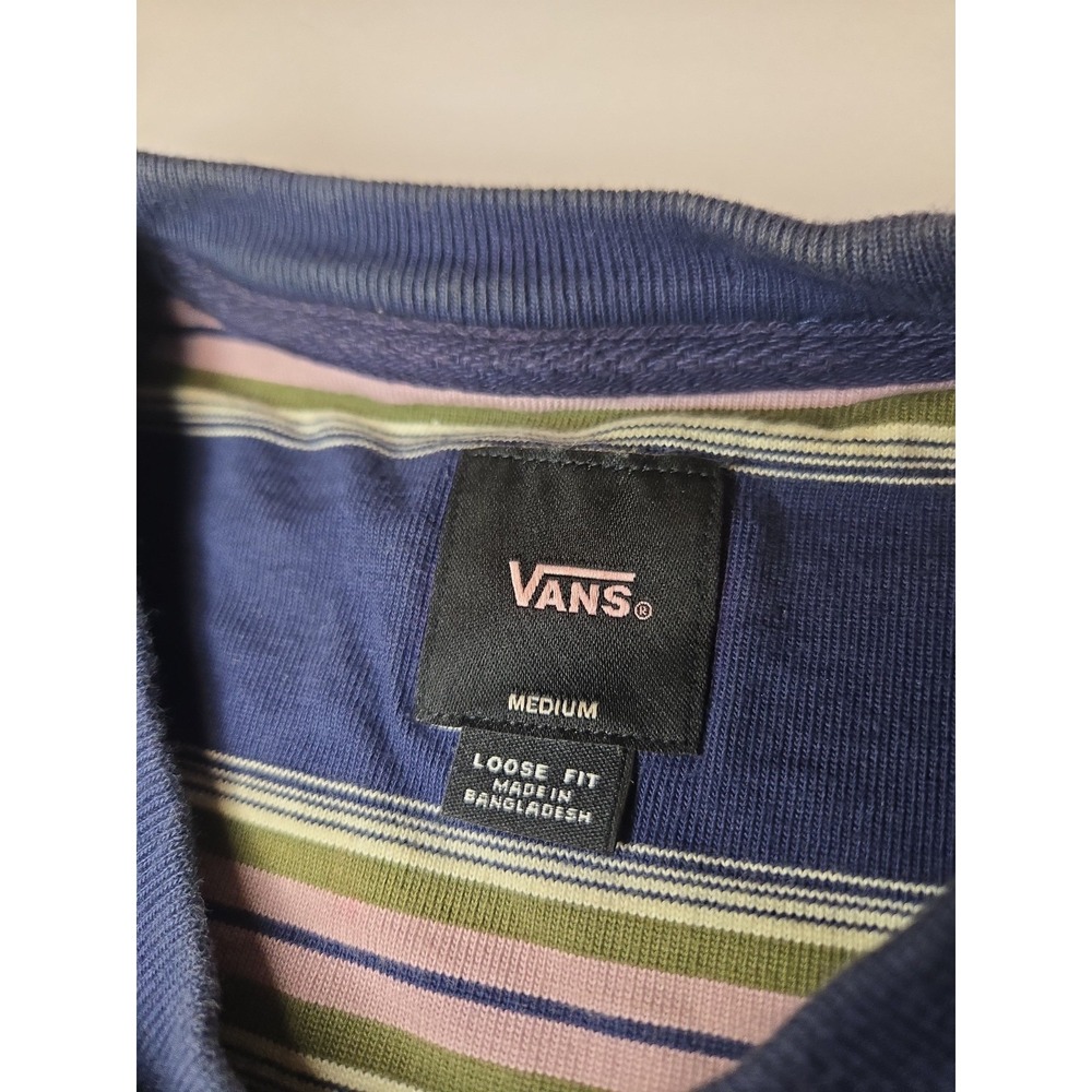 Vans Striped Shirt Mens Medium Loose Fit Navy Tan Embroidered Logo Y2K Heavy - Picture 3 of 4